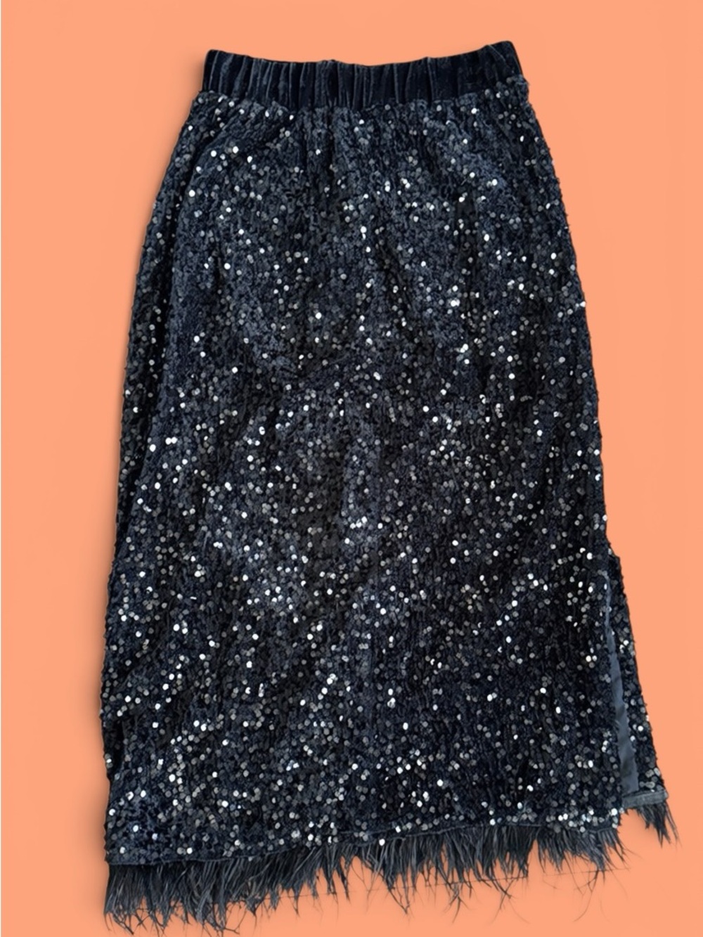 SHEIN Black Sequin Midi Skirt with Feather Trim